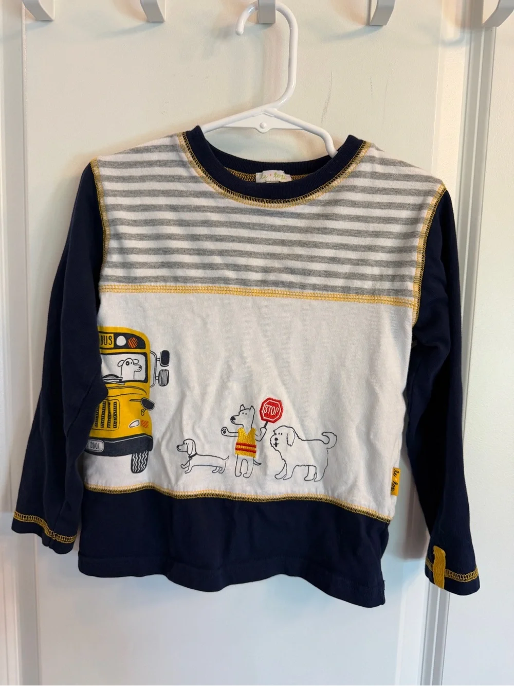 Kids Long-Sleeve School Bus & Dogs Tee in Navy and Yellow